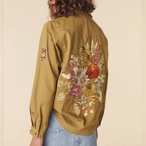 Spell | Foxglove Embroidered Utility Shirt Shacket Olive Green Organic Cotton S